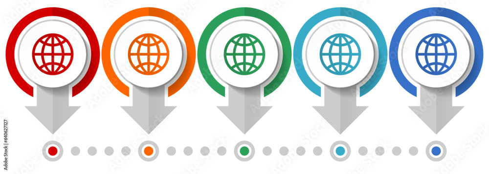 Poster Globe, earth, world vector icon set, flat design infographic template, set pointer concept icons in 5 color options for webdesign and mobile applications