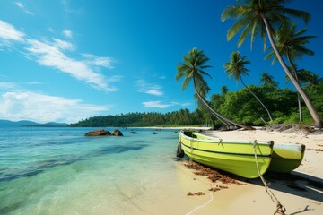 Exquisite getaway Coconut palms grace a tropical beach, sea embracing paradise island