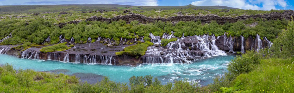 Landmark famous Iceland, Hraunfossar and Barnafoss waterfalls near Reykjavik. © eskystudio