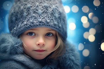 young child wearing woolen hat with blue glitter glow bokeh