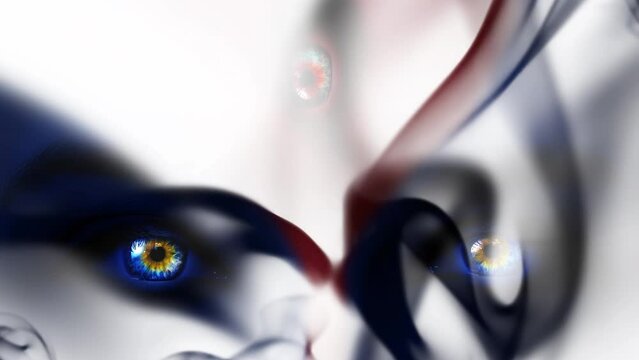 The eyes of a blue-skinned girl with a third eye on her forehead are visible through clouds of thick black smoke streaming into the camera against a white background. Legend of Mahakali. 4k video. 