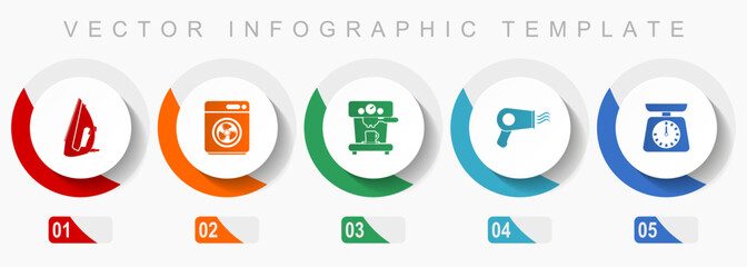 Household appliances icon set, miscellaneous icons such as iron, dryer, coffee maker adn kitchen scale, flat design vector infographic template, web buttons in 5 color options
