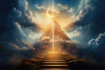 Stairs leading to the sky with cloud and heaven city. Generative AI