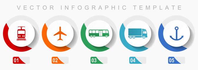 Transport icon set, miscellaneous icons such as train, plane, bus, truck and anchor, flat design vector infographic template, web buttons in 5 color options
