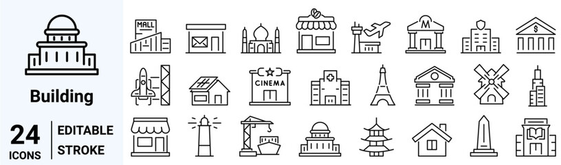 Set of 24 web icons Building in line style. Airport, Office, Hotel, Hospital, Insurance, town house, mall, coffee, . Vector illustration.