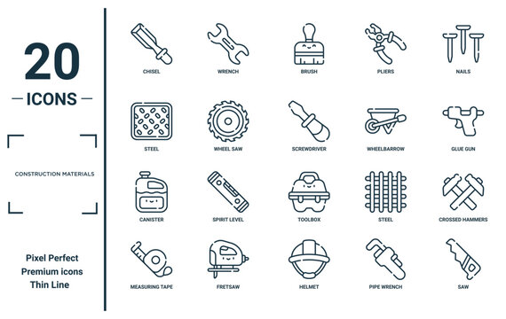 construction materials linear icon set. includes thin line chisel, steel, canister, measuring tape, saw, screwdriver, crossed hammers icons for report, presentation, diagram, web design