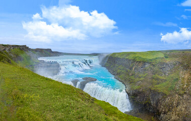 Fototapeta na wymiar Reykjavik, tour to scenic Gullfoss Falls, a part of Iceland Golden Circle travel destination.