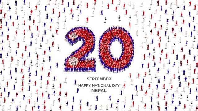 Happy National Day Nepal. A large group of people form to create the number 20 as Nepal celebrates its National Day on the 20th of September. 4K Animation Video.