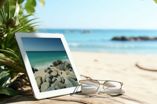 Seaside interaction Close up of digital tablet against the stunning backdrop of a beach