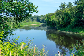 Sula river on sunny day in Poltava region. Summer ukrainian landscape.
