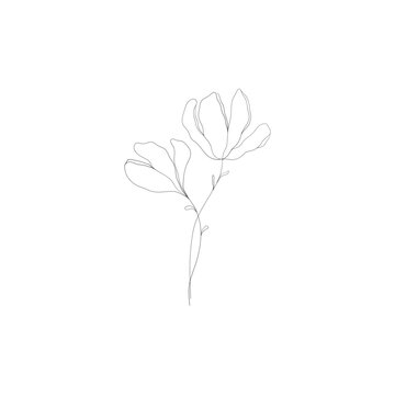 Minimalist linear flower branch. Small floral ornamental element, tiny fine line botanical leaves, tattoo sketch. Vector art