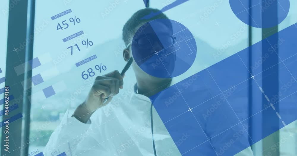 Poster Animation of statistical data processing against thoughtful african american man at office