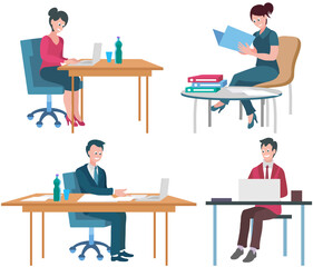 Office workers. Vector illustration. Teamwork maximizes productivity and fosters innovation In team meeting, ideas are brainstormed and decisions are made collectively Office workers support each