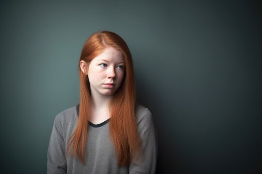 portrait of an introverted teenage girl standing against a grey background