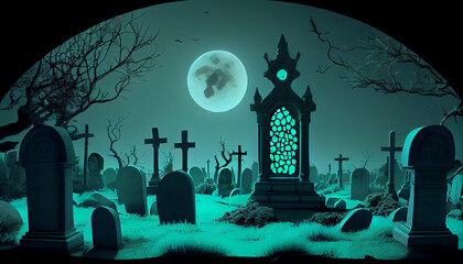 Graveyard in the night, A halloween cemetery and graveyard with a full moon, in the style of dark turquoise, Ai generated image
