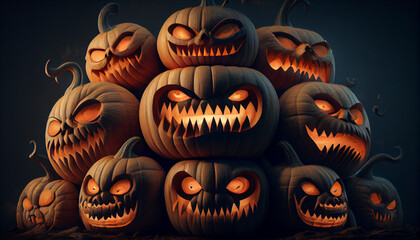 Halloween jack o lantern with pumpkin, A large stack of carved halloween pumpkins with spooky faces, Ai generated image 