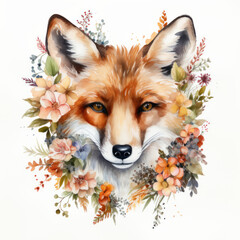 Fototapeta premium Blumige Eleganz: Wasserfarbenzeichnung eines Fuchskopfs mit einer bezaubernden Blumengirlande, Generative AI