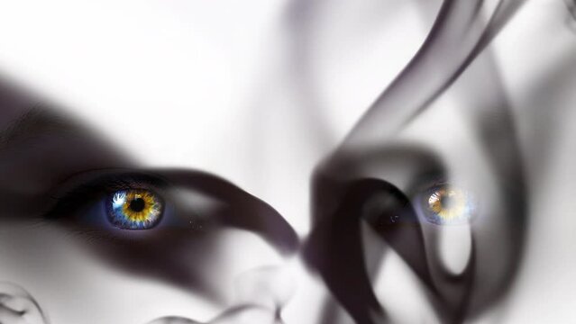 The eyes of a girl with changing skin color are visible through the puffs of black thick smoke streaming into the camera on a white background. The legend of Shiva's wife Mahakali. 4k video.