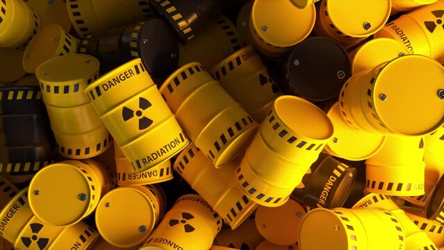 Dump of yellow and black barrels with nuclear radioactive waste. Danger of radiation contamination of industrial containers. 3D animation