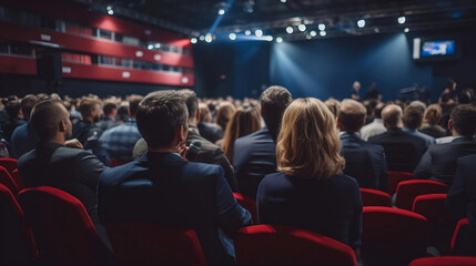 businessmen and businesswomen in conference room, listening to the speakers which is on stage attentively