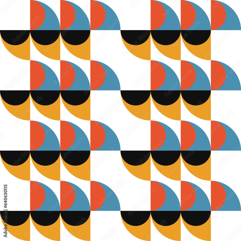 Poster Geometric abstract vector seamless pattern with circles, rectangles and squares in retro Bauhaus style. Pastel colored simple shapes graphic background.