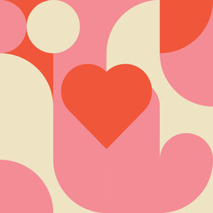 Romantic vector abstract  geometric background with hearts, circles, rectangles and squares  in retro Scandinavian style. Pastel colored simple shapes graphic pattern. Abstract mosaic artwork.