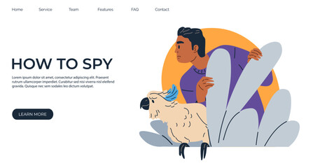 Bundle of detective with parrot assistant looking from bushes, sneaking, spying, solving crime, photographing, investigating. Male cartoon character observer, spy and spotter landing page template