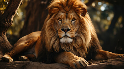 Beautiful large African Lion laying down with trees in the background.