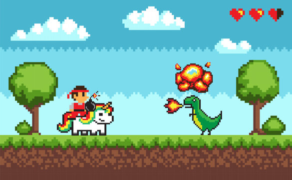 Pixel game scene. Vector illustration. Pixelated hero on unicorn fight with dragon monster with fire. Old style 8bit pixel game with bright landscape. 8-bit adventure video-game. Pixel art style