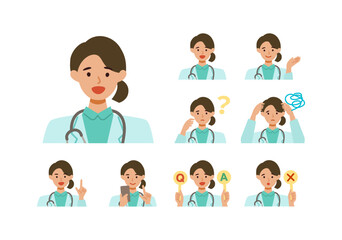 Doctor Woman wearing lab coats. Healthcare conceptWoman cartoon character head collection set. People face profiles avatars and icons. Close up image of smiling Woman.