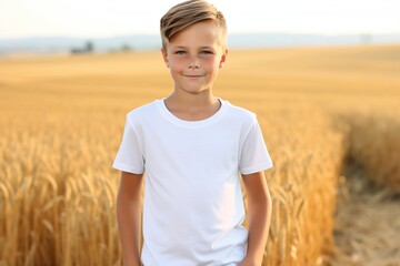 young boy wearing white tshirt for mock up on summer background