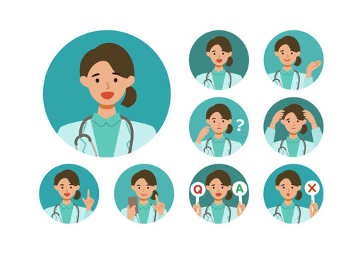 Doctor Woman wearing lab coats. Healthcare conceptWoman cartoon character head collection set. People face profiles avatars and icons. Close up image of smiling Woman.