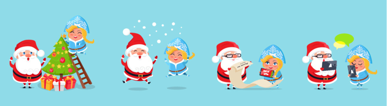 Santa Claus big Christmas and New Year set. Set of funny cartoon Santa with different emotions and situations. Happy old man with white beard. Santa with elf. Christmas scenes for your festive design