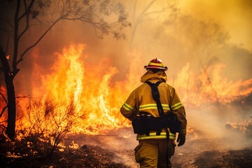 Naklejka premium fire fighters trying to put out blaze in wild fires
