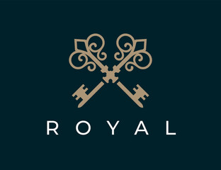 Crossed vintage keys icon. Luxury real estate agency logo mark design. Royal property realtor emblem. Vector illustration.