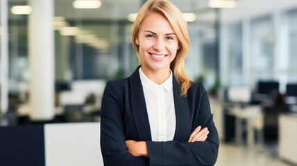 Portrait of happy biracial casual businesswoman in sunny office, busy modern workplace. Female worker looking at camera with crossed arms inside office building.