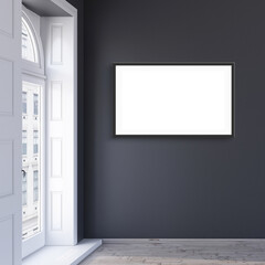 Mockup poster frame in modern interior living room background with black wall, 3d rendering.