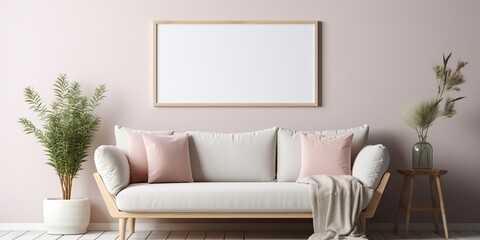 AI Generated. AI Generative. Cozy home mockup wall living room decoration frame background with plants and sofa. Graphic Art