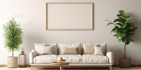 AI Generated. AI Generative. Cozy home mockup wall living room decoration frame background with plants and sofa. Graphic Art