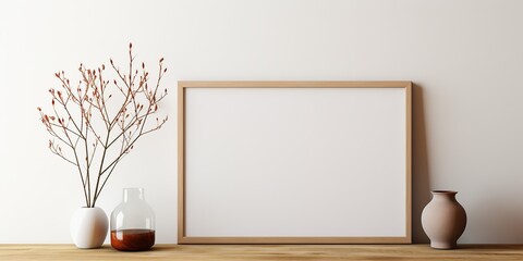 AI Generated. AI Generative. Cozy home mockup wall living room decoration frame background with plants and sofa. Can be used for graphic design or web design template