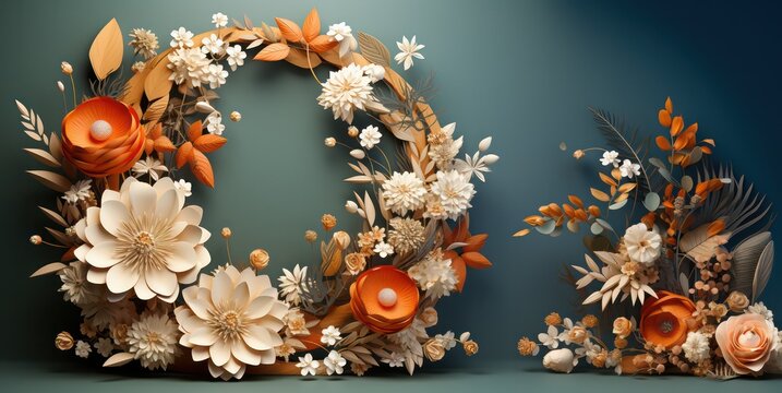 3D Render Floral Wreath, 3D Illustration. 
Floral wreath with flowers and leaves. 3D illustration.Beautiful background with copy space.