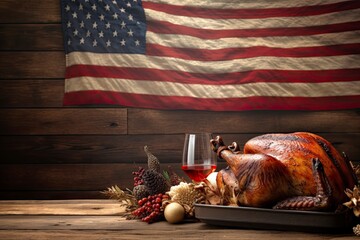 The colorful illustration of Thanksgiving holiday foods and items. USA flag. Studio light. Generative Ai. 