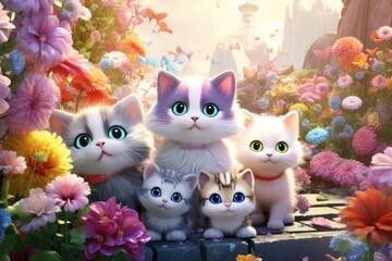 Adorable domestic cats amidst colorful flowers