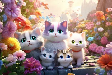 Fototapeta premium Adorable domestic cats amidst colorful flowers