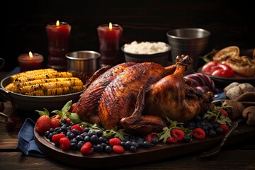 The colorful illustration of Thanksgiving holiday foods and items. Studio light. Generative Ai.
