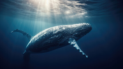 Fototapeta premium Beautiful whale underwater in the wild. Underwater world and life, concept. The whale swims in the clear ocean underwater.