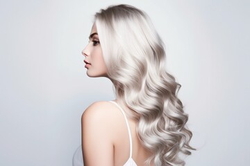 Beautiful woman with hair coloring in ultra blond on grey background