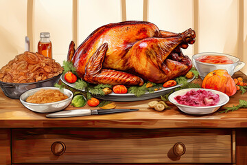 The colorful illustration of Thanksgiving holiday foods and items. Studio light. Generative Ai.
