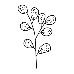 Isolated hand drawn doodle simple white branch with black flecks. Flat vector illustration on white background.