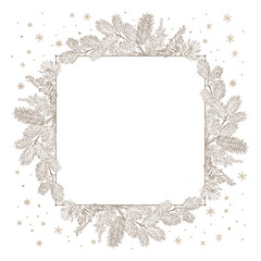 Fir branch square frame with snow for winter card design isolated on white